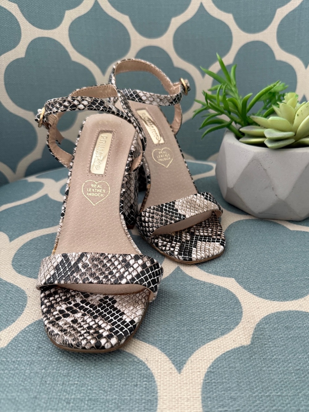 Like New Primark Snake Print Leather Ankle-Strap Sandals - Black/White